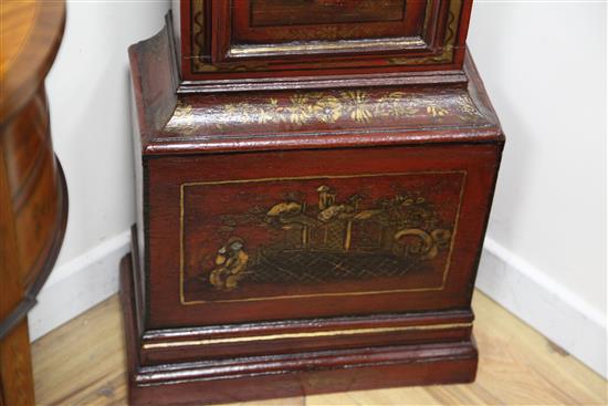Edward Woodward of London. An early 18th century red chinoiserie lacquered eight day longcase clock, 7ft 3in.